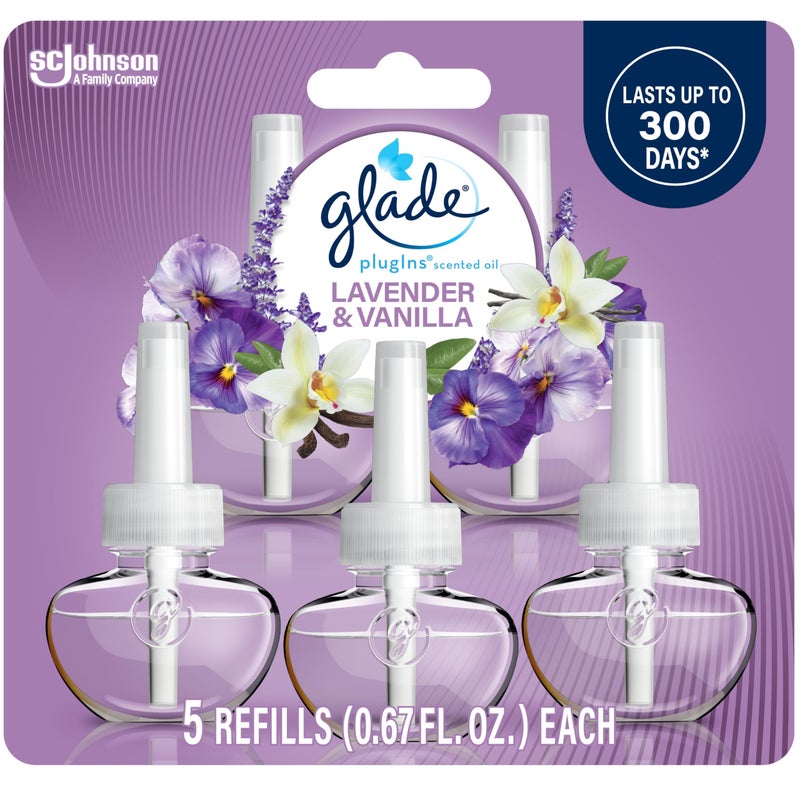 Glade عبوات إعادة تعبئة معطر الهواء من غليد، معطرة وزيوت أساسية للمنزل والحمام، لافندر وفانيليا، 3.35 أونصة سائلة، 5 قطع - Image 1